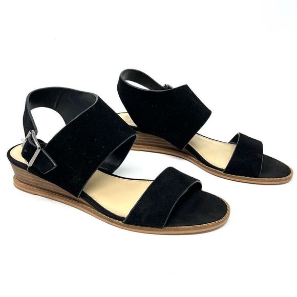 Vince Camuto Richelle Black Cow Split Suede Demi Wedge Sandal Size 10 - Picture 1 of 11